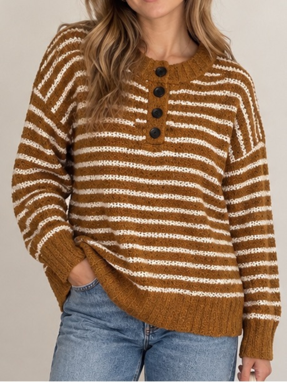 American Eagle Boucle Striped Henley Sweater Brown Cream Oversized XS